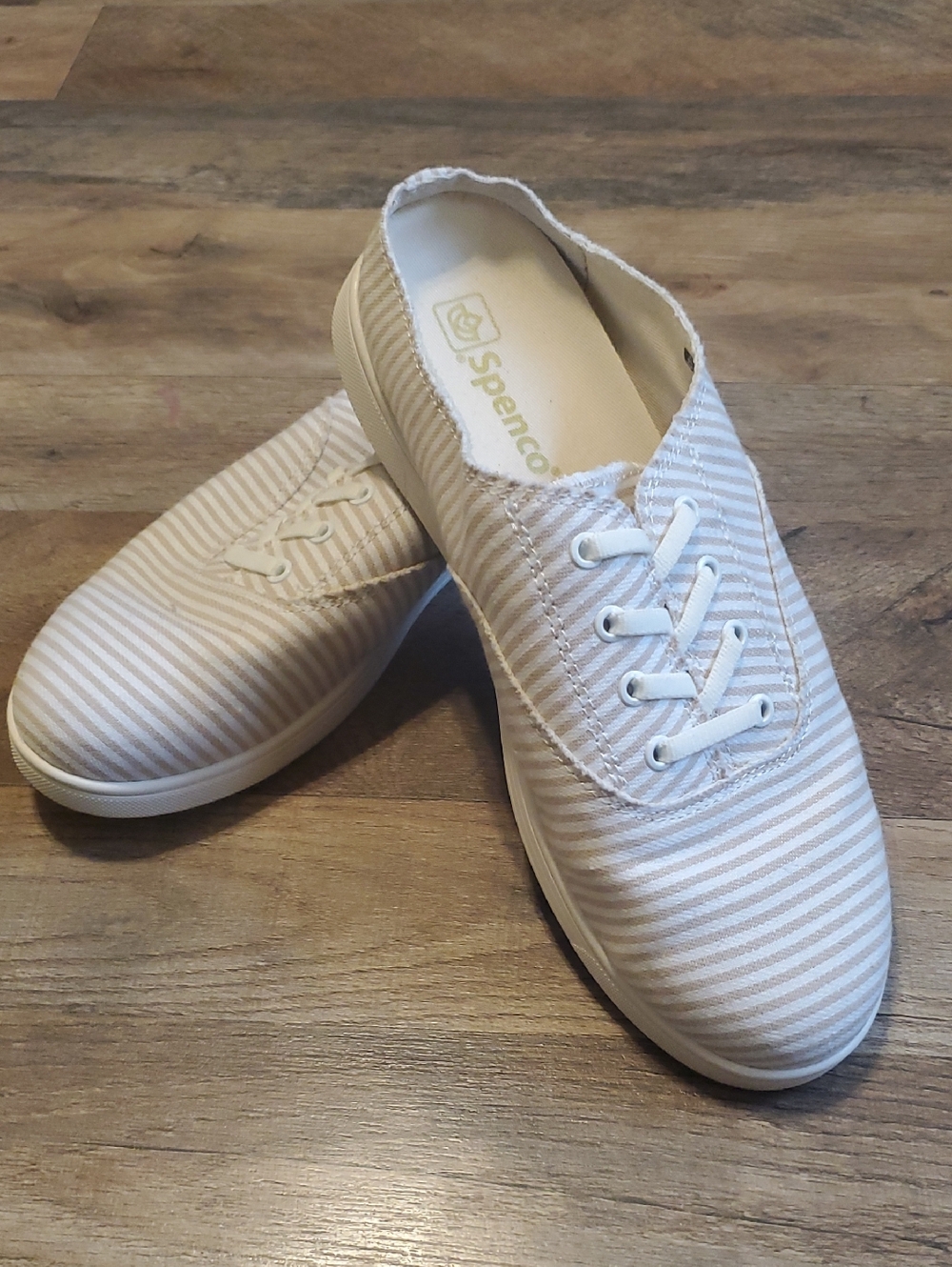 Spenco Striped Slip-On Sneakers in Light Beige & White